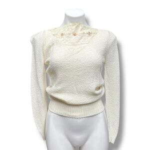Vintage Sweater Lace Inset Ribbon Floral Regency Cottagecore Girlhoodcore Sz XS